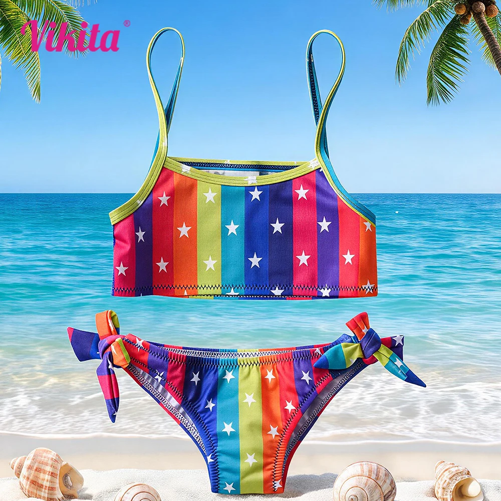 VIKITA Kids Swimwear Sets Girls Rainbow Colorful Striped Star Print Swimming Wear Beach Travel Fashion Cute Bikini 2 Pcs 4-10 Y