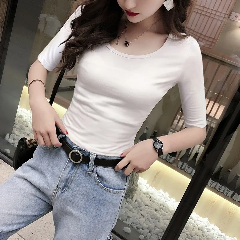 Camiseta de manga media para mujer, cuello redondo, cuello bajo, sin mangas, ropa interior, verano 2024, corte ajustado, talla grande, estilo princesa, color blanco