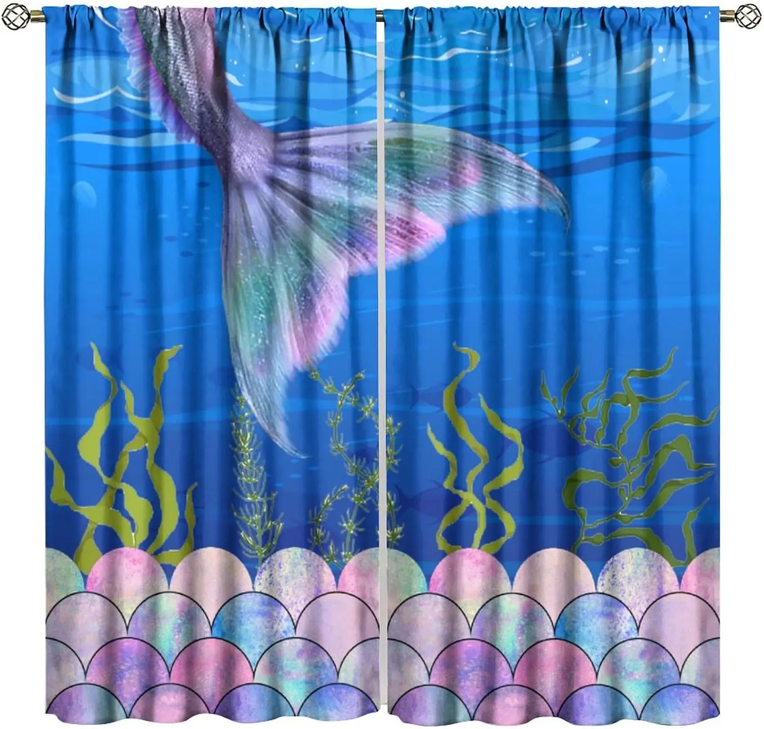 Mermaid Blackout Window Curtain for Kids Girls, Mermaid Tail Swing Scales Glitter Blue Ocean Sea Grass Summer for Home Kitchen