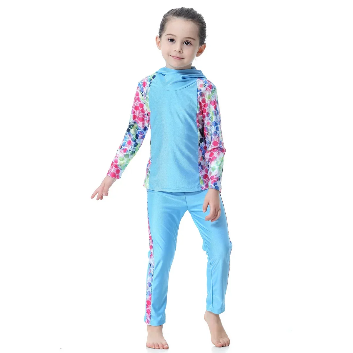 Summer Kids Muslim Swimwear Hooded Blouse+Pants 2pcs Arabic Islamic Burkinis Bathing Suits Modest Anti-Uv Girls Swimming Suits