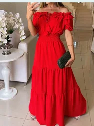 Summer Boho Red Dress Fashion Short Sleeve Beach Long Dress Casual Loose Elegant Holiday Party Dresses For Women Robe Femme 2023