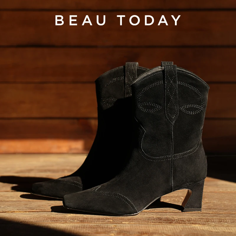 BEAUTODAY Western Boots Women Cow Suede Leather Mid-Calf Square Toe High Heels Ladies Slip-on Boots Handmade 06209