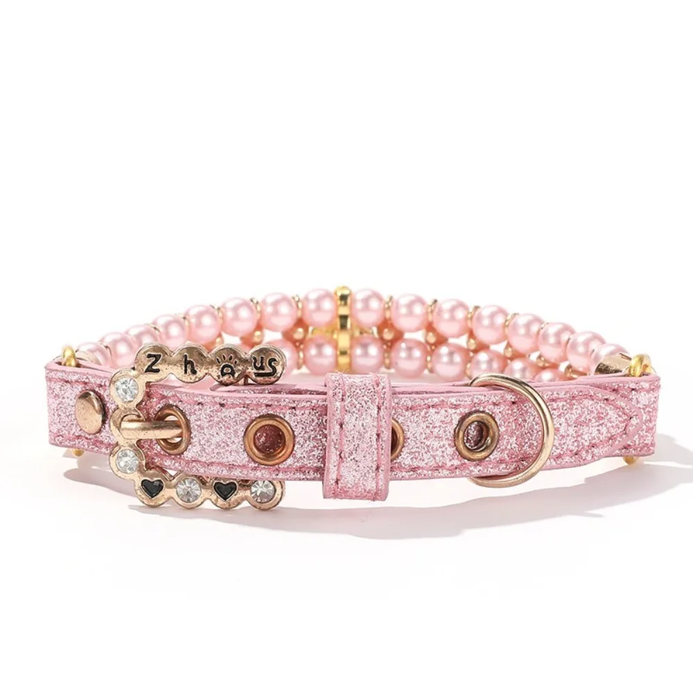 

Adjustable Dog Cat Pearl Collars Rhinestone Bling Crystal Cat Necklace PU Artificial Pearls Neck Strap for Small Dogs Pet Gift
