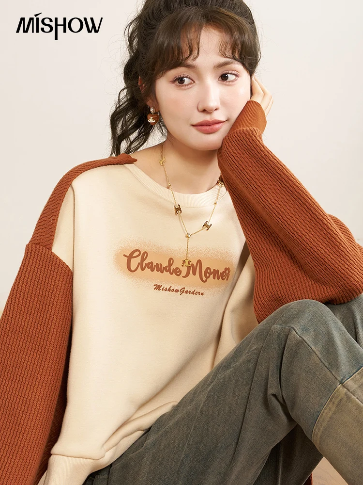 MISHOW Letter Print Corduroy Oversized Sweatshirt Autumn Winter O-Neck Long Sleeve Contrast Color Pullover Tops MXC54V0047