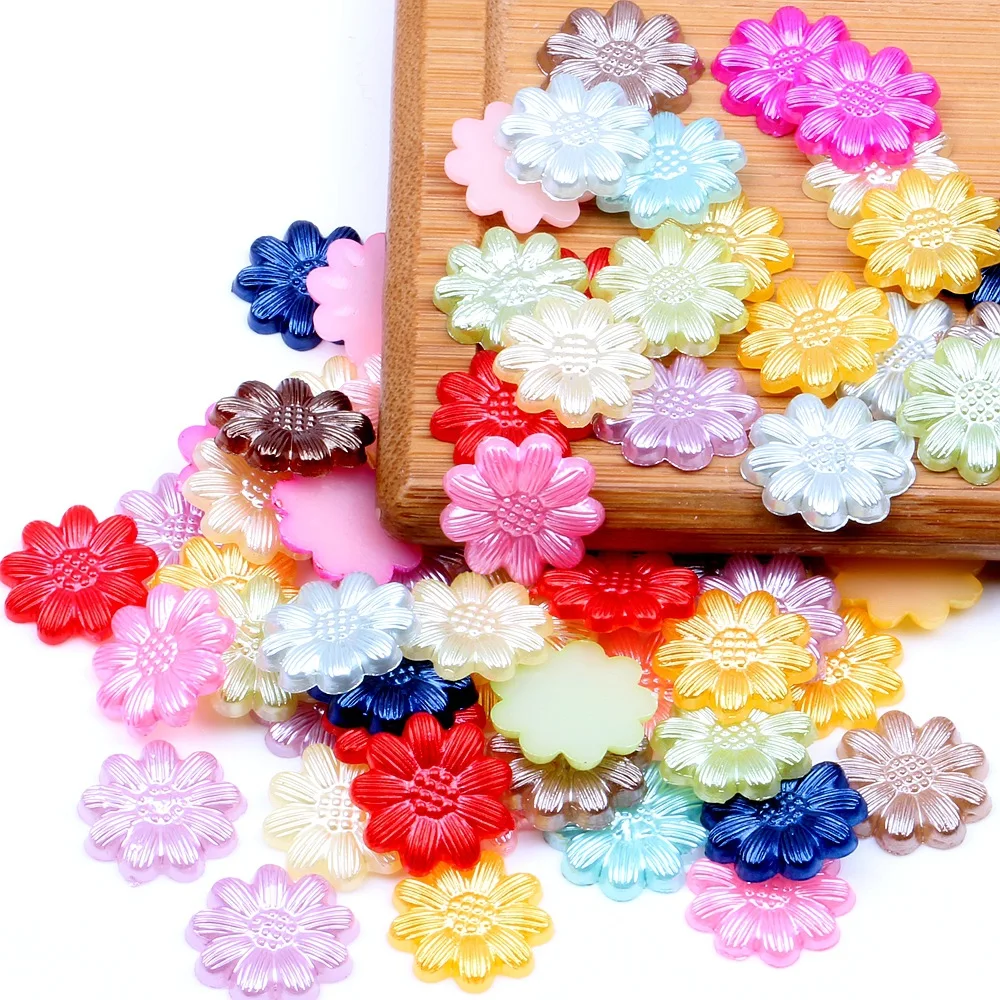 100pcs 13mm Acrylic Daisy Flowers Sunflower Pearls Flatbacks Embellishments DIY Wedding Decorations Crafts Garment Accessories