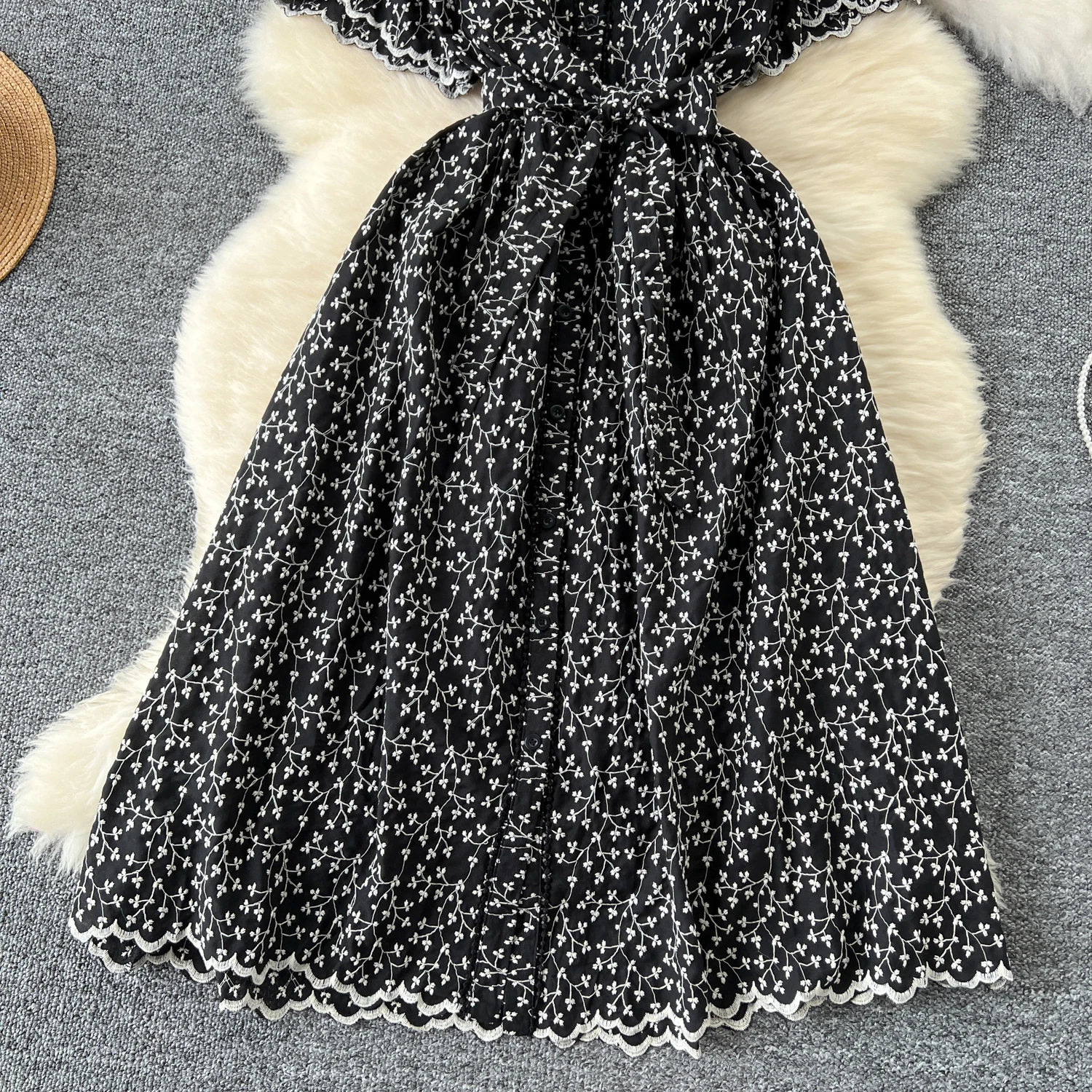 Sexy Chic polo-Neck puff sleeve Single Breasted Dress Elegant Korean Fashion Slim Summer Embroidery dresses