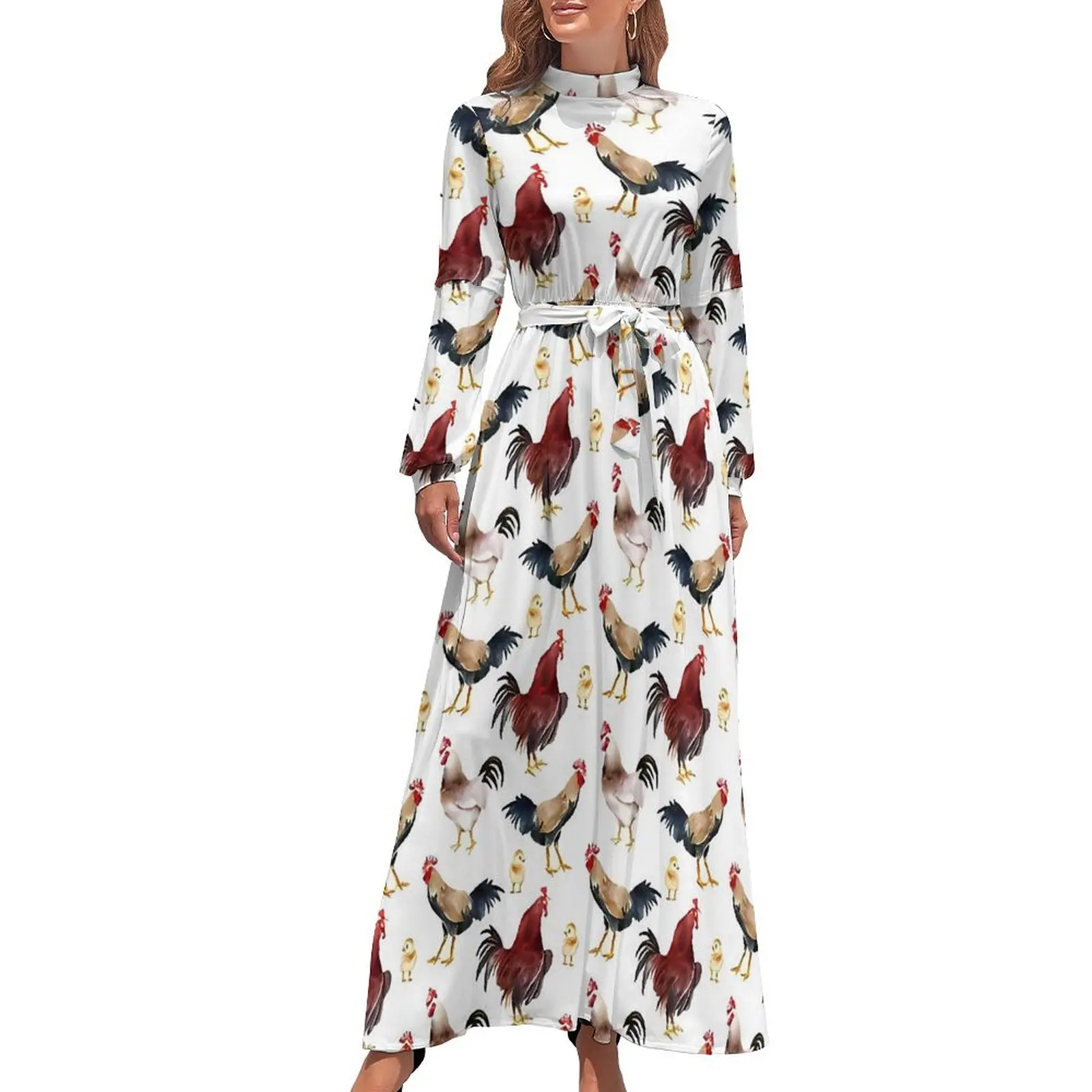 Rustic Chickens Dress Animal Print Street Wear Beach Dresses Female Long Sleeve High Neck Kawaii Long Maxi Dress