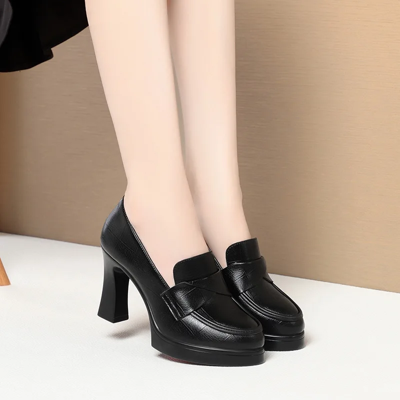 6cm 9cm Breathable Comfortable Deep Mouth Soft Leather Shoes Heeled Pumps 2026 Spring Block High Heels Shoes Office Model Mom