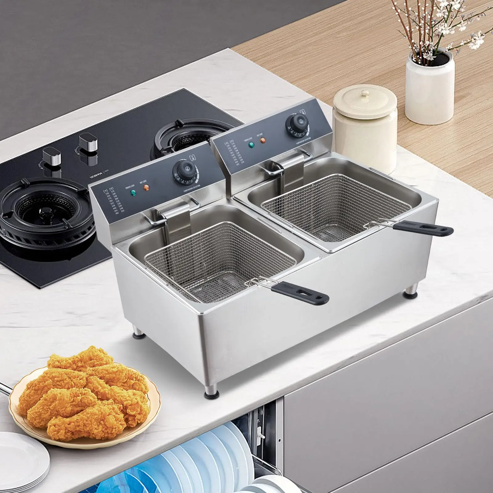 11.6/23.2 Q.T مقلاة عميقة تجارية 1700/3400 واط مقلاة كهربائية من الفولاذ المقاوم للصدأ مع غطاء سلة للتحكم في درجة الحرارة