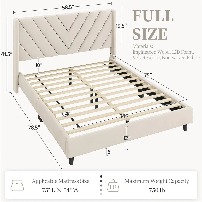 Full-size bed frame upholstered platform bed with wing-tufted headboard/sturdy wood slat support/no springs required image 2