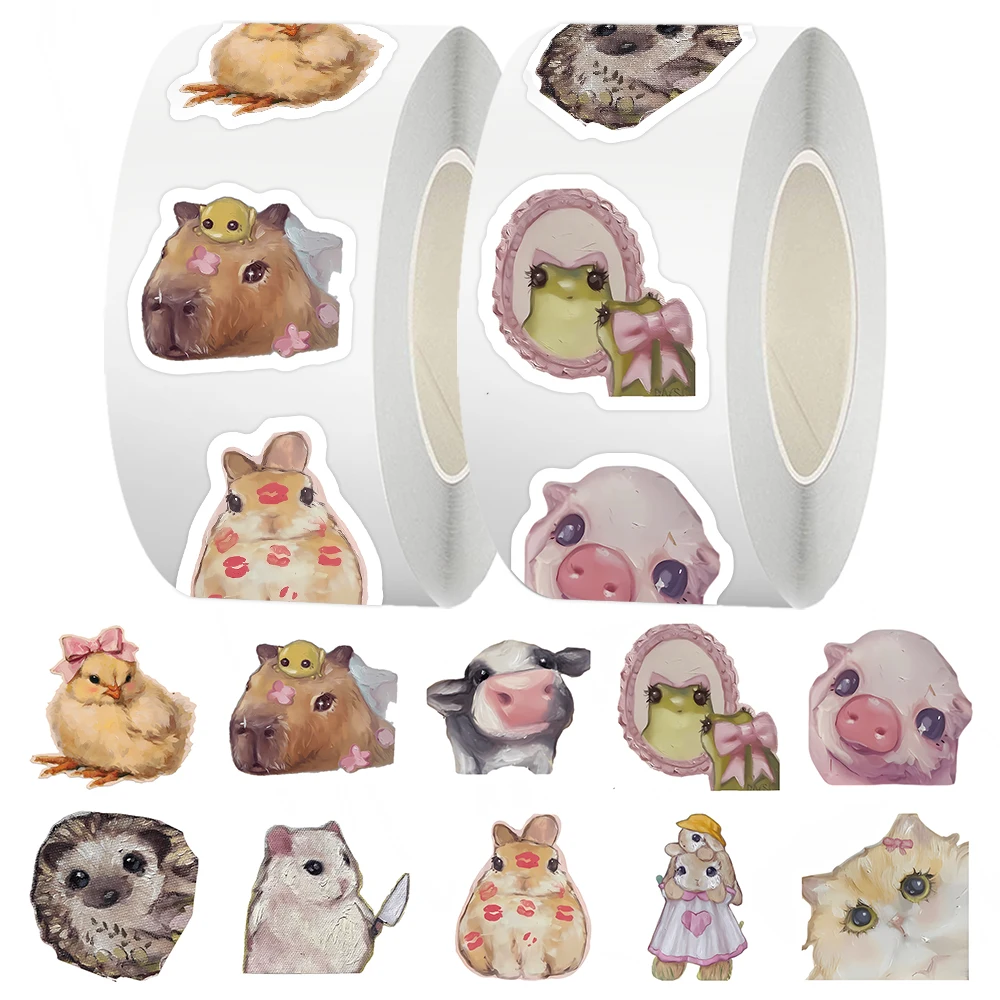 500pcs/Roll Cartoon Oil Painting Animal Doodle Sticker Roll DIY Creative Decorative Notebook Water Cup Mobile Phone Case Gifts