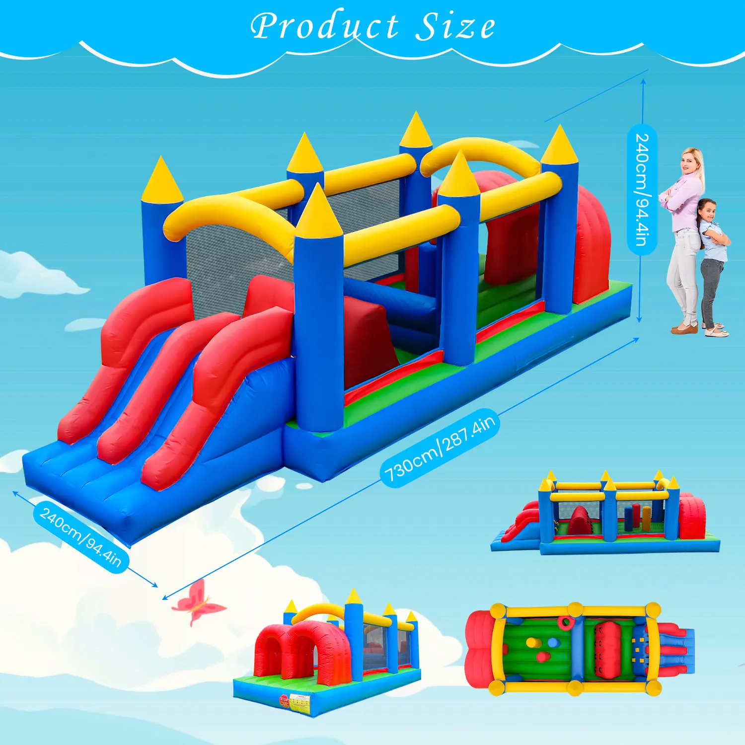 

24FT Inflatable Obstacle Bounce House, Suitable For Children Aged 5-12 And Adults, With Blower, Double Racing Slide, Crawling Tu