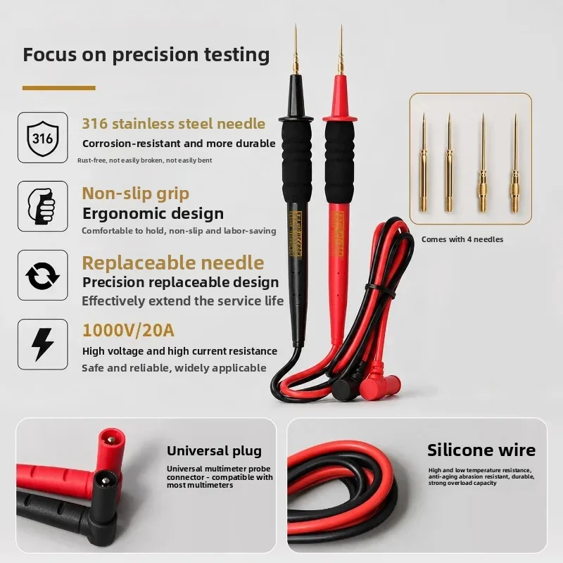 KEGUAN D80T Ultra Fine Multimeter Test Leads 0.3mm Replaceable 316 Steel Probe Tips for PCB Micro IC Pin Repair Measurement Tool