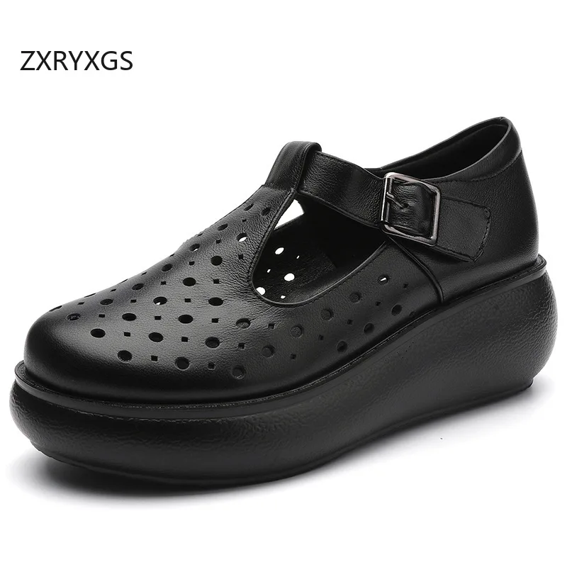 

Обувь ZXRYXGS из коровьей кожи с круглым носком, открытые кожаные сандалии, римская обувь 2024, сандалии на танкетке с толстой подошвой, увеличивают фоторазмер