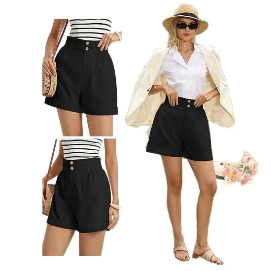 Women's Solid Color Elastic Waist Straight Leg Capri Shorts with Button Zipper Pockets for Travel Camping Streetwear Everyday
