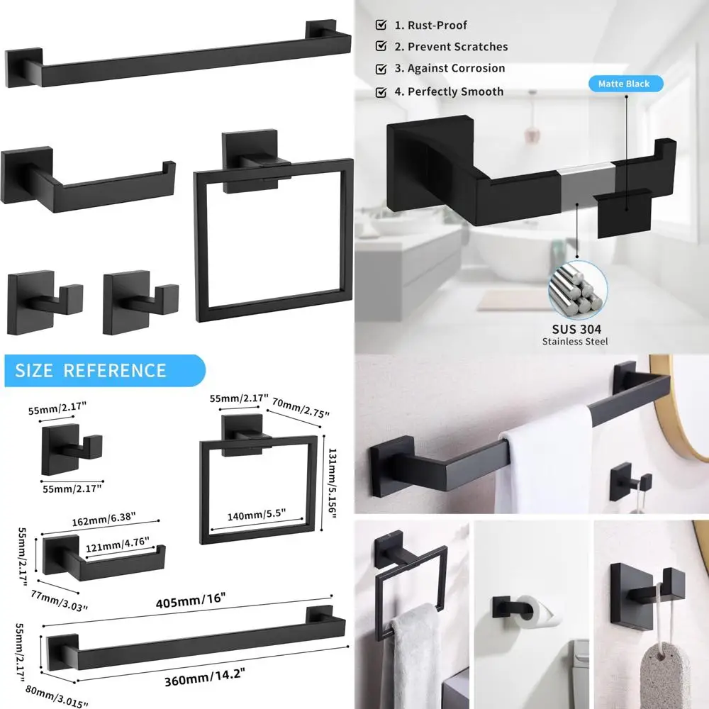 

Matte Black 16 Stainless Steel 5-Piece Bath Hardware Set Wall-Mounted Towel Rack & Accessories