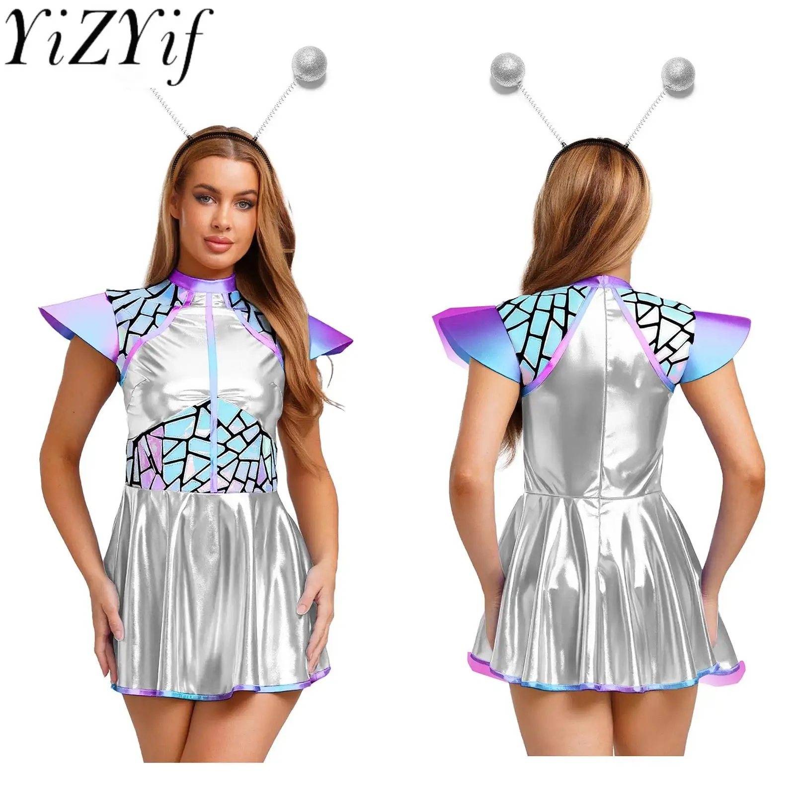 

Women Shiny Alien Astronaut Cosplay Dress with Hair Hoop Gradient Patchwork A-line Dress for Halloween Carnival Role Play Outfit