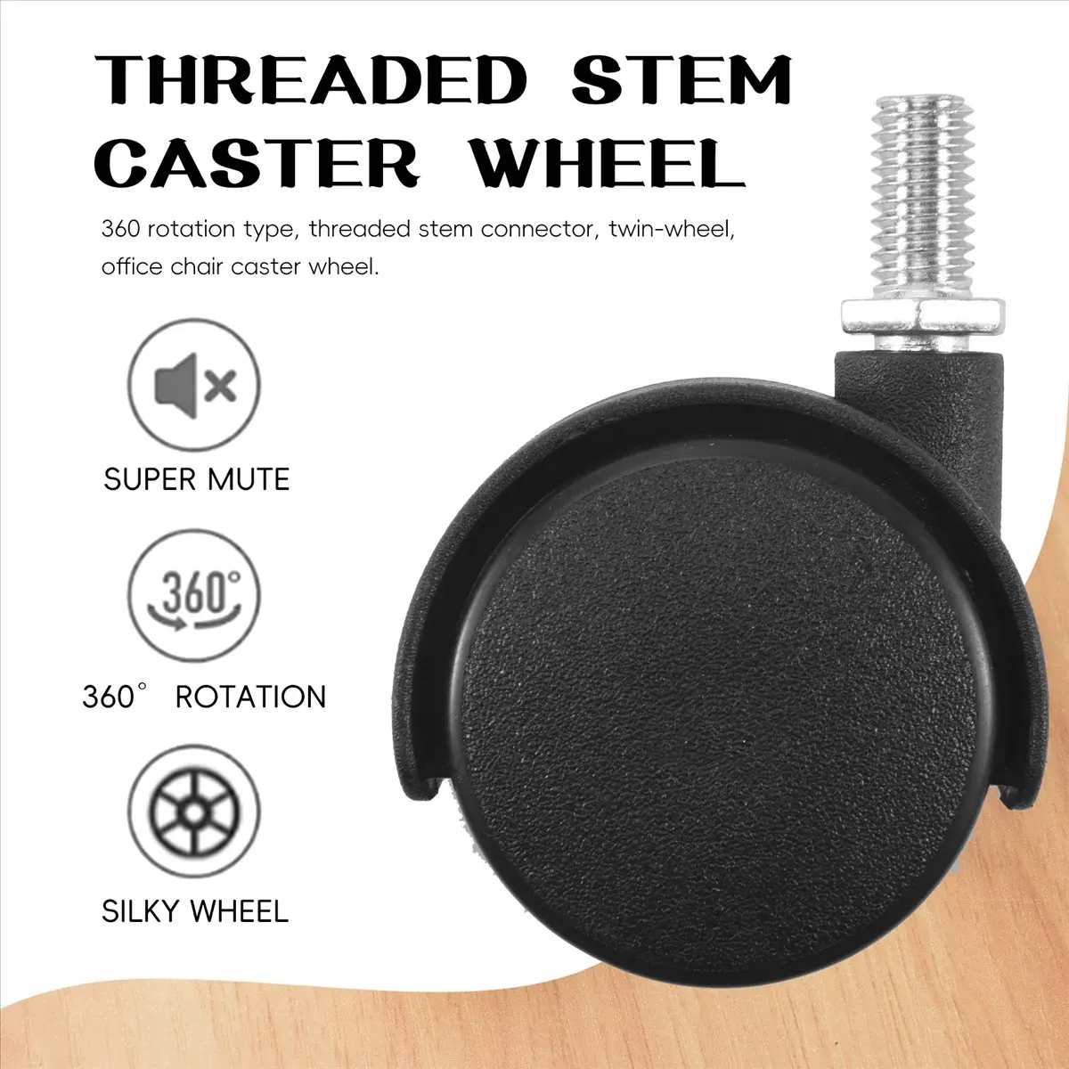 DT17 4 Pcs 8mm Threaded Stem Caster Wheel, 1.5 inch Dual Wheel, 360 Degree Swivel, Black, for Office Chair, Furniture
