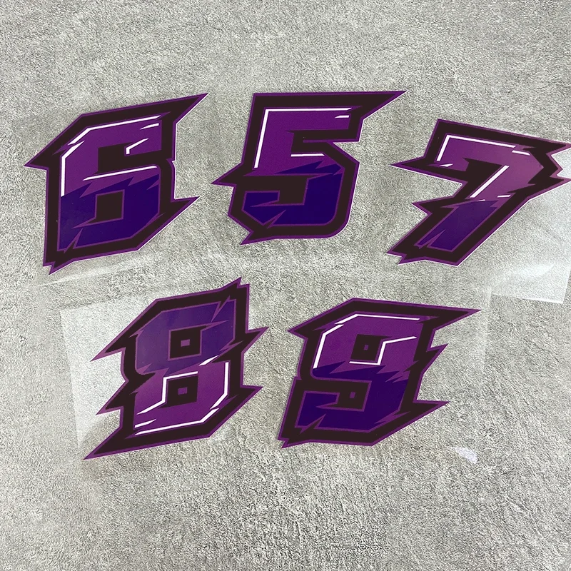 Pegatina de vinilo impermeable con números de carreras morados del 0 al 9 para decorar el depósito de combustible de la motocicleta, el carenado, el casco, el scooter, la bicicleta o la ventana del coche.