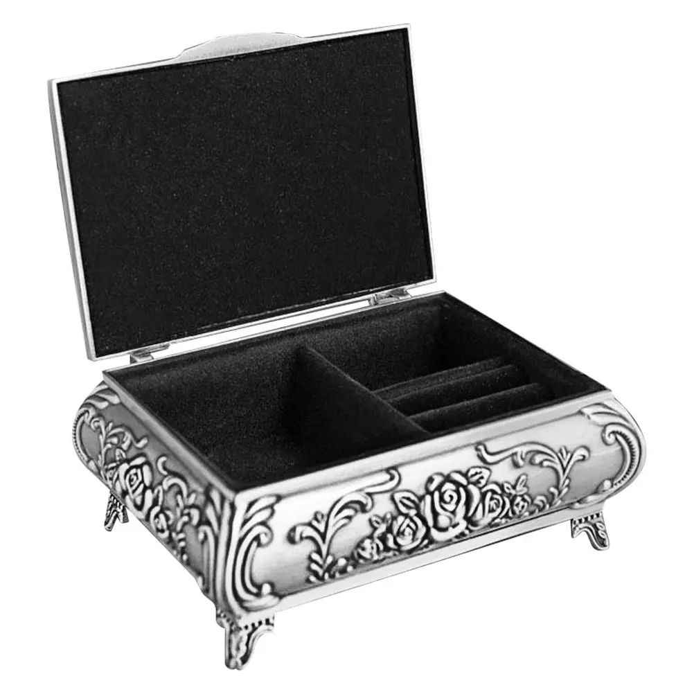 Rectangle Vintage Jewelry Box Metal Trinket Storage Organizer Silver Zinc Alloy Rose Pattern Case for Women