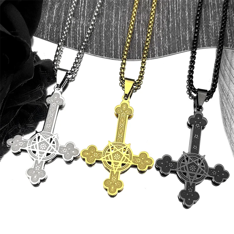 Gothic Punk Hexerei Pentagramm Umgekehrtes Kreuz Anhänger Halskette für Frauen Männer Edelstahl Silber Farbe Stern Kette Schmuck – Detail 10