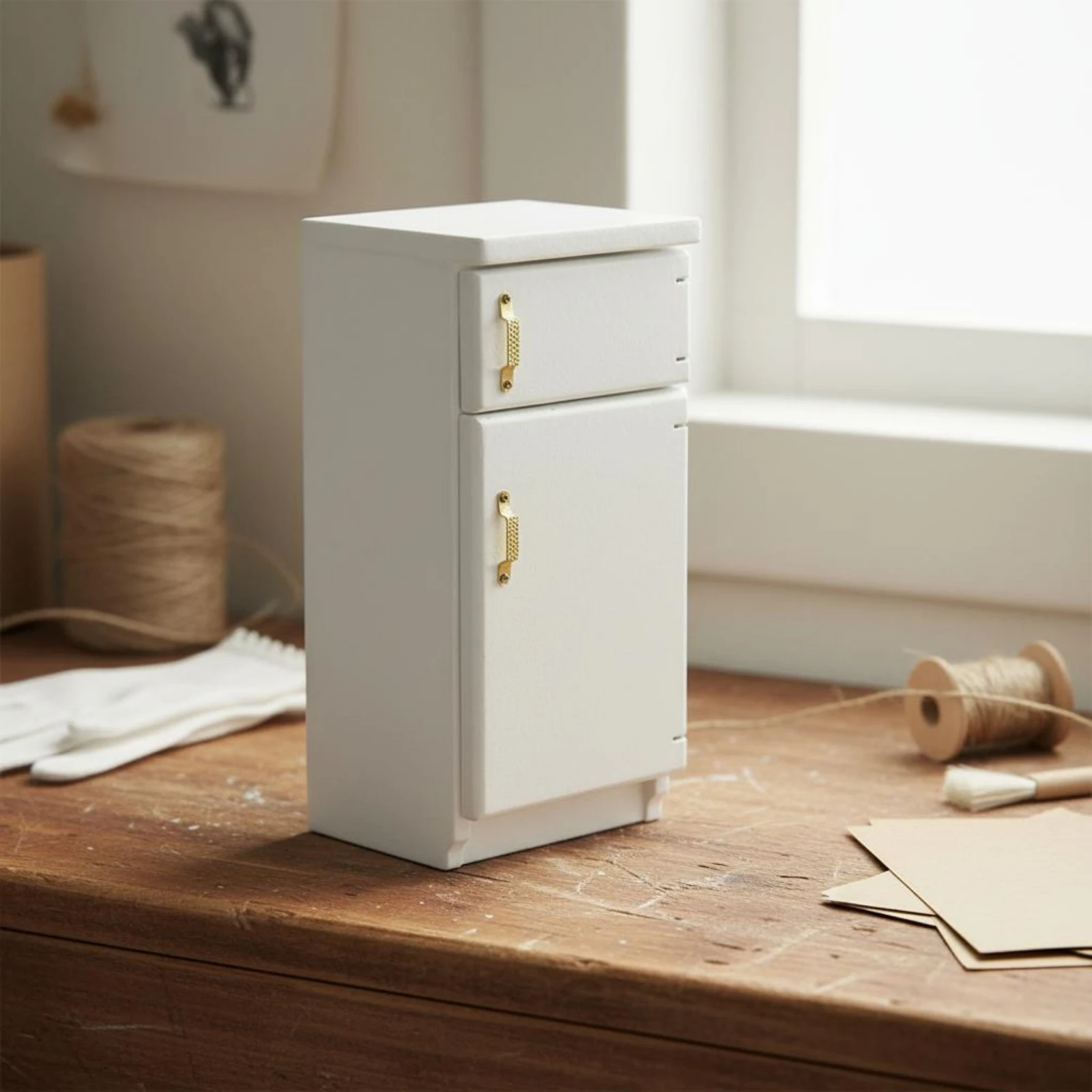 White Dollhouse Refrigerator Opening Doors Dollhouse Kitchen Refrigerator 1:12 Scale Fridge Pre-Assembled for Children view 3