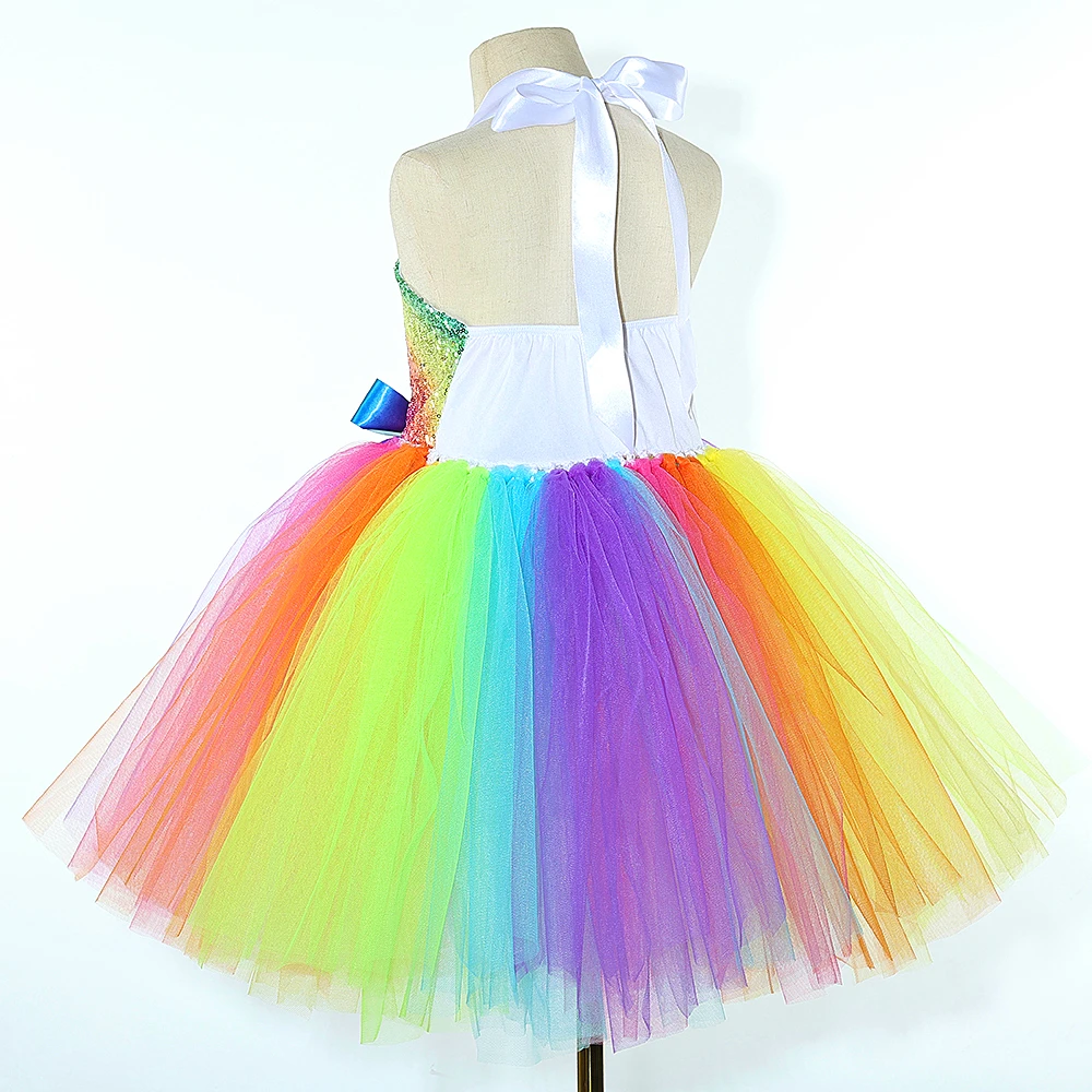 Girls Rainbow Sequins Tutu Dress Colorful Tulle Princess Costumes with Glittery Bow Headpiece for Kids Peformance Birthday Party