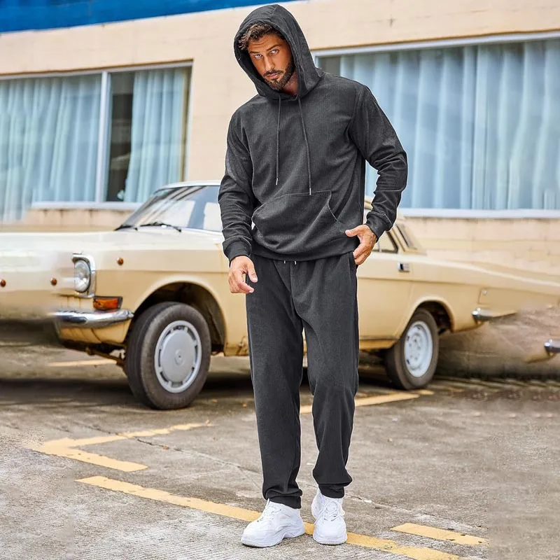 Autumn And Winter Casual Men's Sweater Set, Solid Color Pullover Loose Hooded Sports Suit