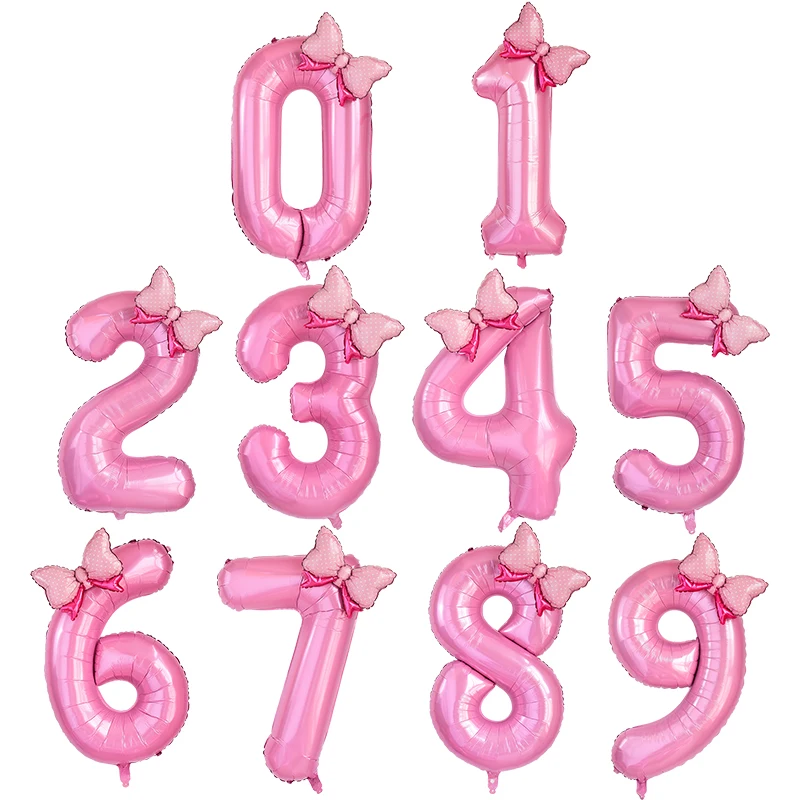 

40inch Giant Pink Foil Balloon With Bow 0-9 Number Foil Balloon Princess Birthday One Happy 1st Birthday Party Balloon Supplies