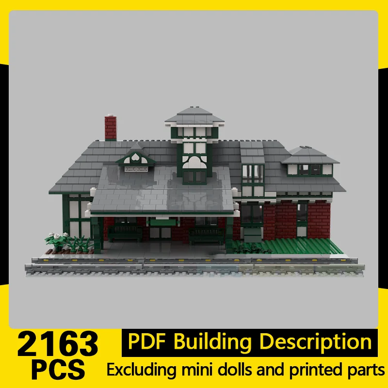 Street View Model MOC Building Bricks Train Station With Blueliner Car Modular Technology Gifts Holiday Assemble Children Toys