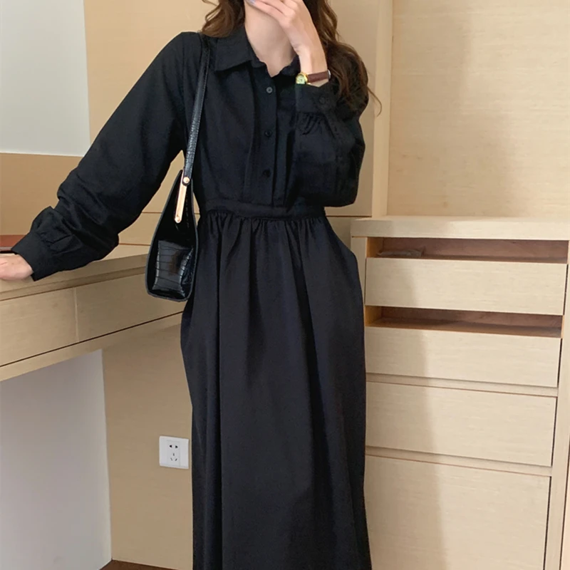 Autumn Women Tum-Down Dress Casual Harajuku Long Sleeve Slim Shirt Dresses Ladies Solid Buttons Pullover Vestidos Female