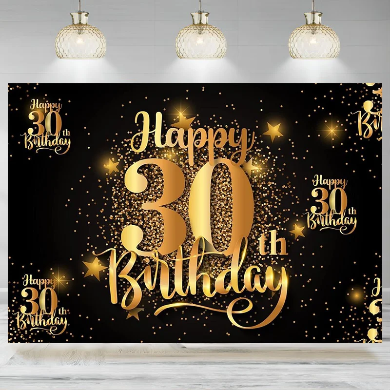 Happy 30th Birthday Backdrop Banner Background Decoration Women Men Her Him Photography Party Supplies Glitter Black Gold