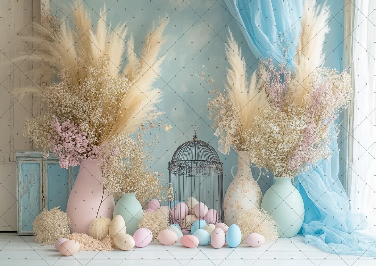 ربيع سعيد عيد الفصح التصوير خلفية نافذة قفص الستار الأبيض البيض الملونة الأزهار استحمام الطفل الاطفال صورة الخلفية