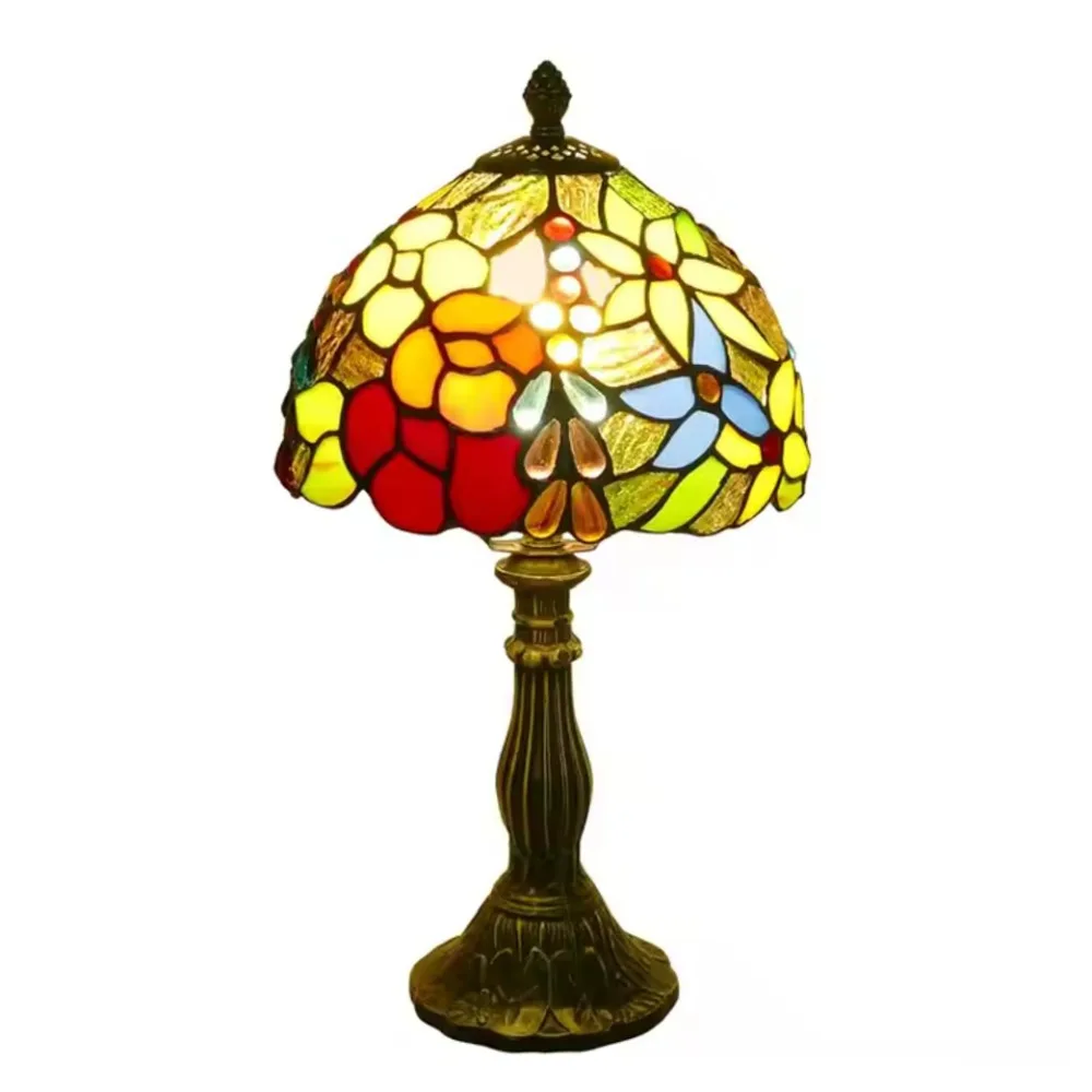 

Vintage Small Tiffany Stained Glass Multi-Color Flowers Floral Desk Table Lamp for Living Room,Bedside,Reading