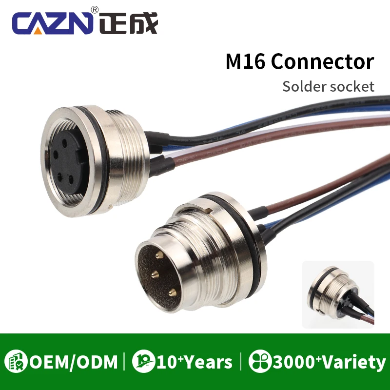 M16 Solder Socket With 30cm wire Cable Back Mount Male and Female Outdoor Waterproof IP67  Electrical Connector For Machinery
