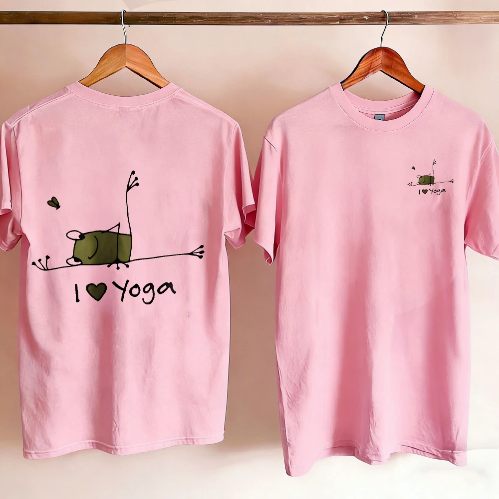Women Front Back Double Sided I Love Yoga Stick Figure Frog T Shirt Cute Cartoon Frog Yoga Pose Cotton Meditation Fitness Lover