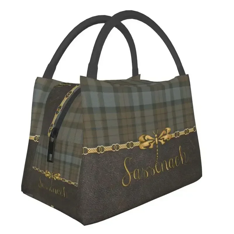 Leather And Tartan Sassenach Pattern Insulated Lunch Bag for Women Resuable Dragonfly Outlander Cooler Thermal Lunch Box