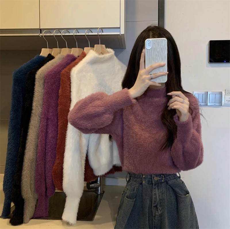 

Women's ort High Collar Faux Mink Sweater Spring Autumn Soft Loose Knitted Top Comfortable Warm Long Sve Color