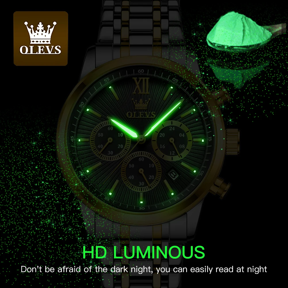 OLEVS Men's Watches Classics Three Small Dials Original Quartz Watch for Man Waterproof Stainless Steel Luminous Fashion Trend