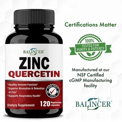 Quercetin + Zinc Vegetarian Capsules - Supports Immune, Skin and Bone Health, Nutritional Metabolism Supplement