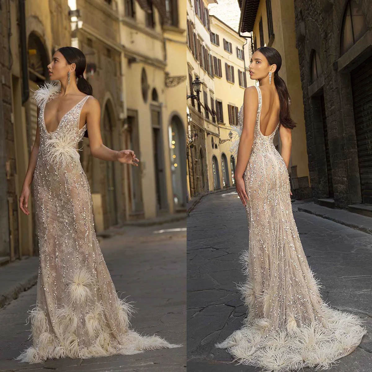 

Glamorous A-line Wedding Dress for Women Lace V-neck Applicant Sequins Feathers Backless Court Gown Custom Made Robe De Mariée