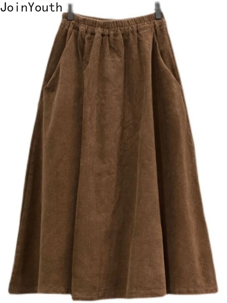 2024 Faldas Mujer De Moda Vintage Solid Color Skirts Women\'s Clothing High Waist Loose Jupe Korean Saia Thicked Corduroy Skirt