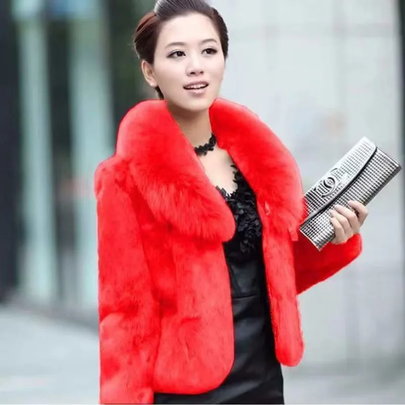 Women Spring Autumn Thin Slim Casual Furry Jackets Big Fur Collar Solid Colors Outwears New Fashion Warm Short Coats Red Jackets