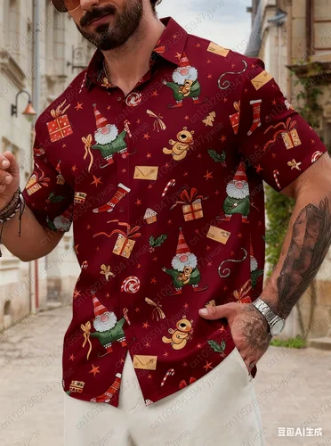 Imagen 2 del producto Camisa de solapa de manga corta con estampado gráfico de Papá Noel para hombre, camisas informales con botones para uso diario en verano