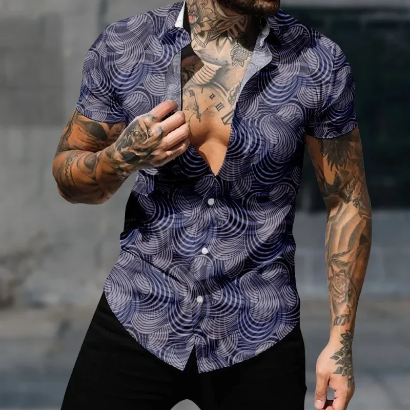 Casual Hawaiian Shirt for Men Fashion Corrugation Art Streetwear Tops Harajuku 3D Print Cozy Short Sleeve Beach Holiday Clothes