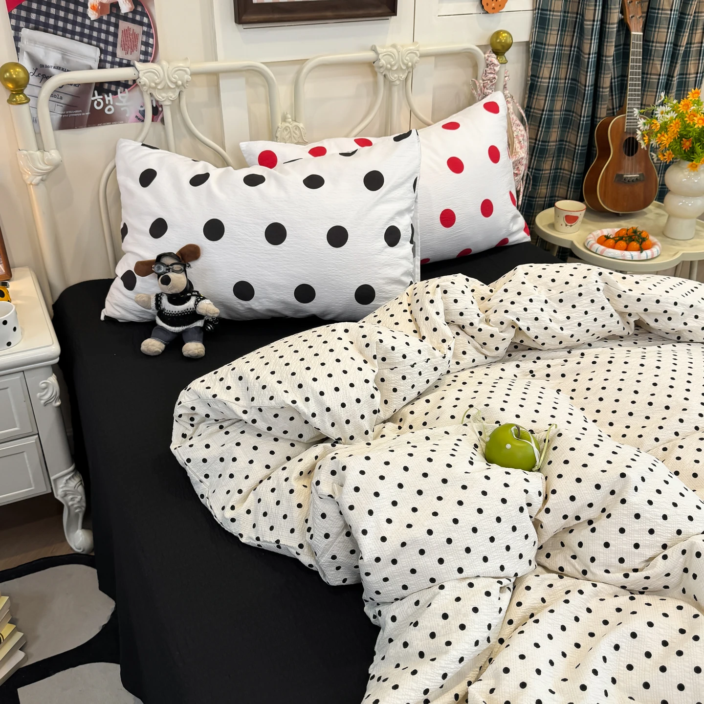 Ins-style Bedding Set Black Pearl Wave Point White Duvet Cover Set Sheet Set King Queen Size for Home Bedroom Decor Bithday Gift