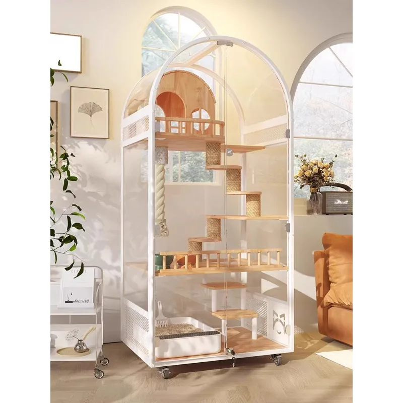 Meow Zan French Arched Cat Villa with Low Feet Cat Luxury Panoramic Tempered Glass House Solid Wood High end Cat Cage Cabinet