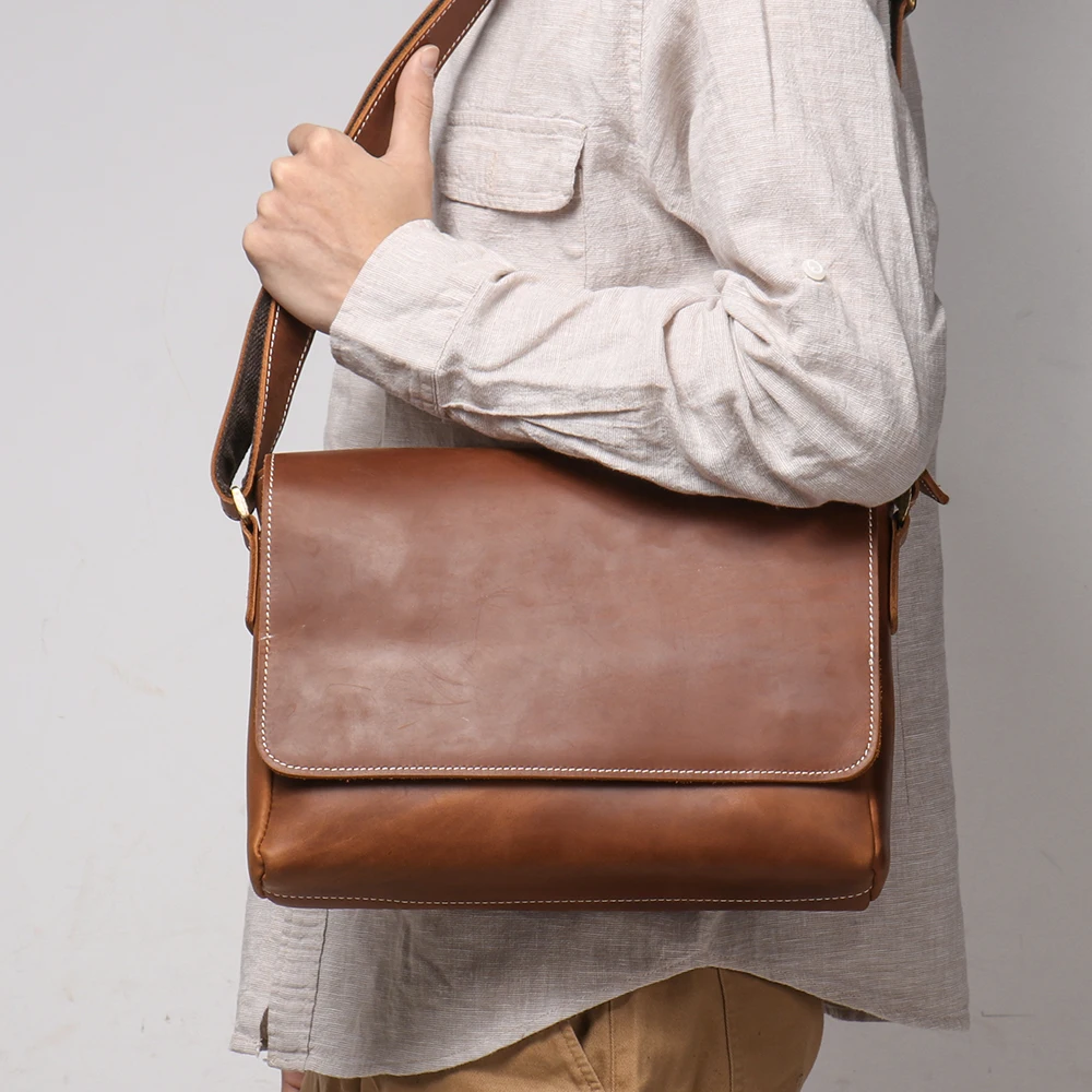 Men's Crazy Horse Retro Messenger, Commuter Briefcase, Flip Stitch, Adjustable Strap, Vintage Workwear, Fits 11