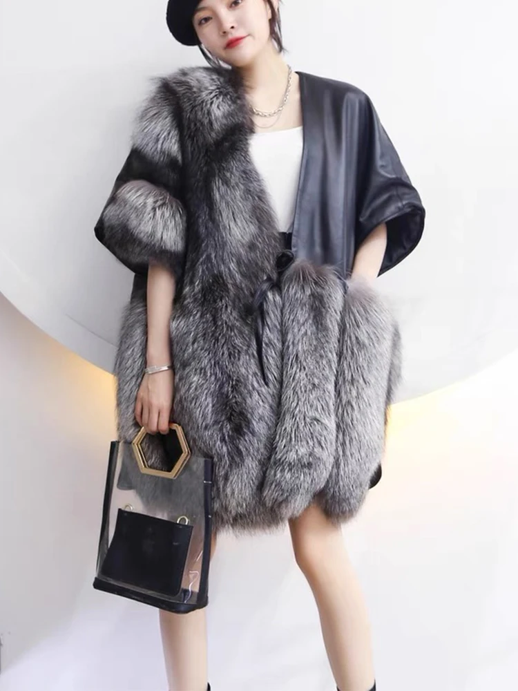 

Spring High Quality Luxury Women Female Real Silver Fox Fur Genuine Sheepskin Leather Oversize Loose Short Sleeve Coat