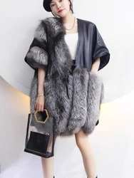 Spring High Quality Luxury Women Female Real Silver Fox Fur Genuine Sheepskin Leather Oversize Loose Short Sleeve Coat